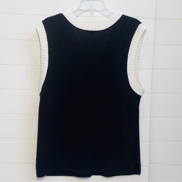 Talbots Linen Blend Sweater Vest Women's Size Large Black Cream Trim Tight Knit - Picture 3 of 7